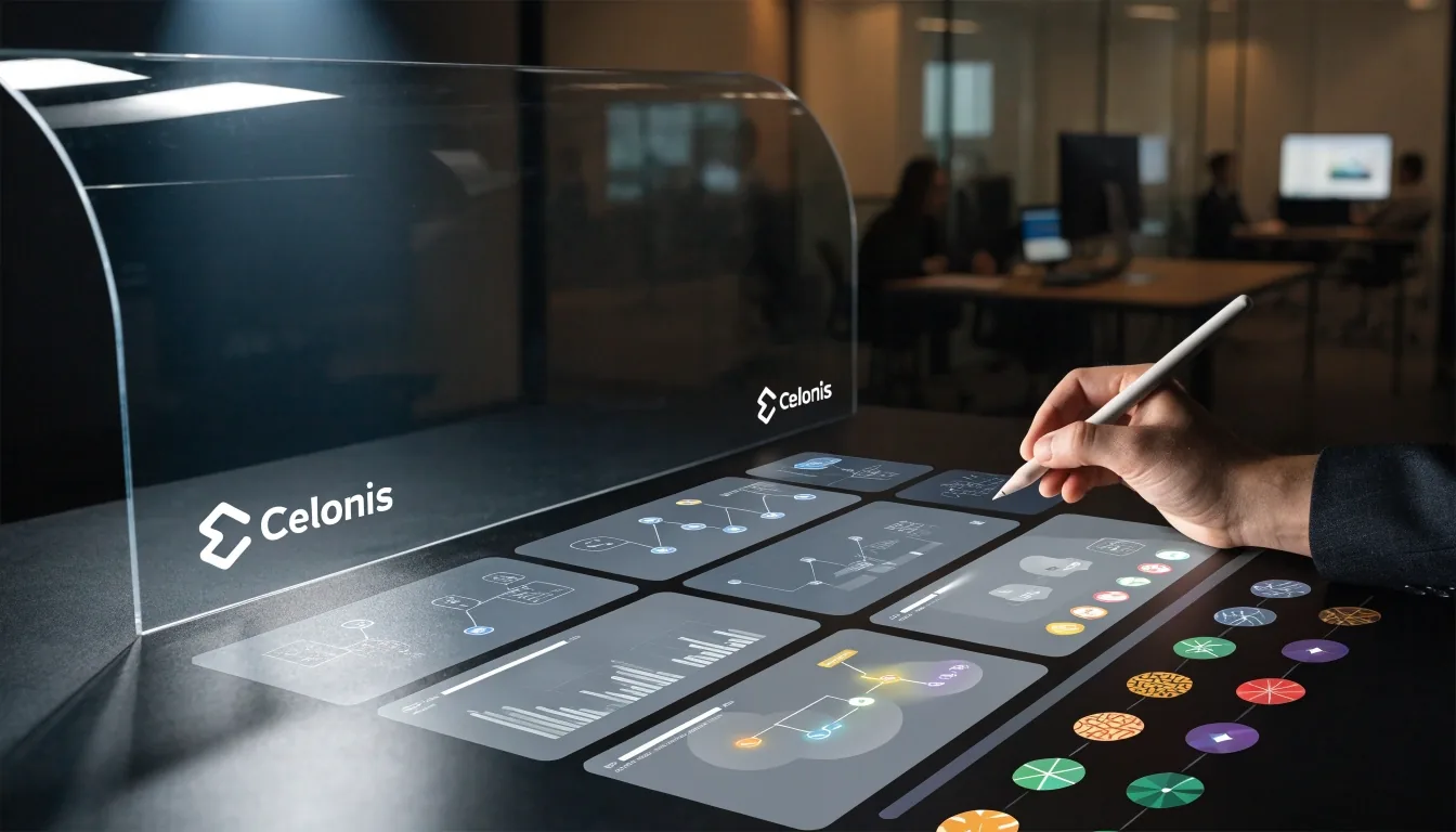 Celonis in einem realen Software-Arbeitsumfeld: Schreibtisch mit Prozessdaten, Hände an der Tastatur, Fensterlicht am Nachmittag